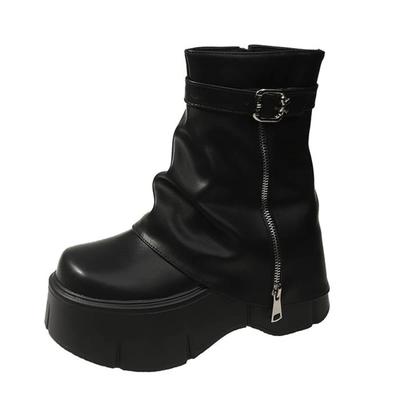 Модные женские ботильоны на высокой платформе Осень Зима Готический стиль Кожаная обувь Пряжка Панк Мотоциклетные ботинки Круглый носок Массивные кроссовки