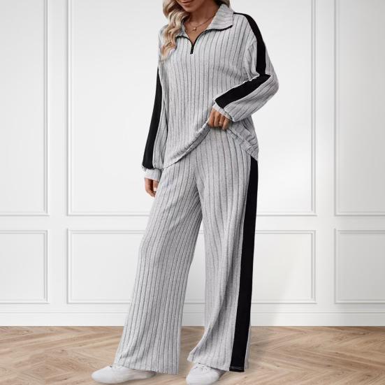 2 шт./комплект женский топ и брюки комплект с застежкой-молнией и воротником-стойкой, длинные рукава, однотонная толстовка с эластичной резинкой на талии, широкие спортивные штаны, спортивный наряд