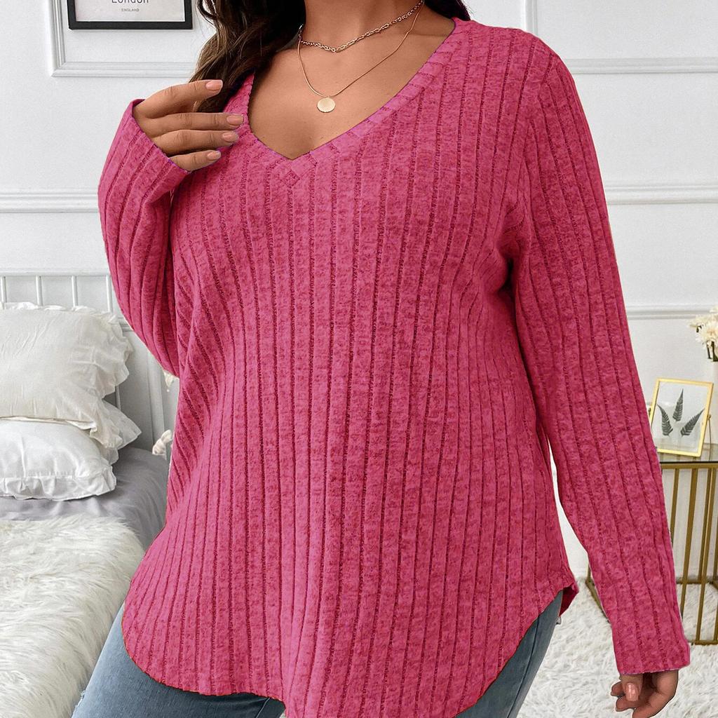 GMXIA Women's Fashion Casual Solid Color Print Autumn Winter Long Sleeve V-Neck Loose Frosted T-shirt with Pit Stripes Sweaters