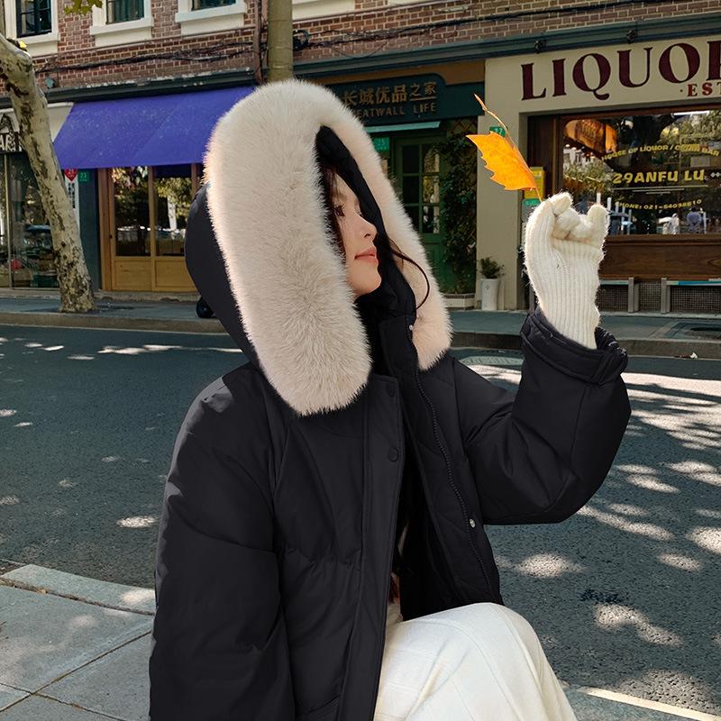 Свободное хлопковое пальто с капюшоном и большим шерстяным воротником для женщин на зиму, удлиненное до талии, хлопковая куртка ниже колена, защищающая от холода