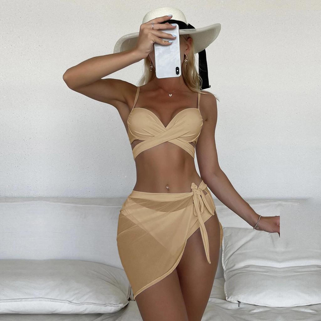 Swimsuit Women's Hard Clad Steel Split Bikini Set Retro Solid Color Hollow Out Swimwear