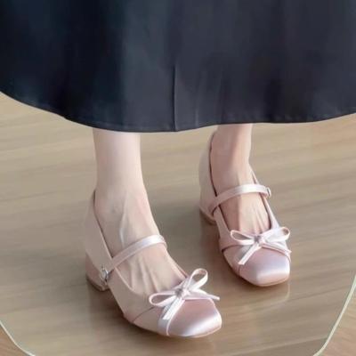 Маленькие Внутренние Увеличенные Туфли Мэри Джейн на Высоком Каблуке с Абрикосовым Бантом, Женские Новые Туфли на Блочном Каблуке с Квадратным Носком