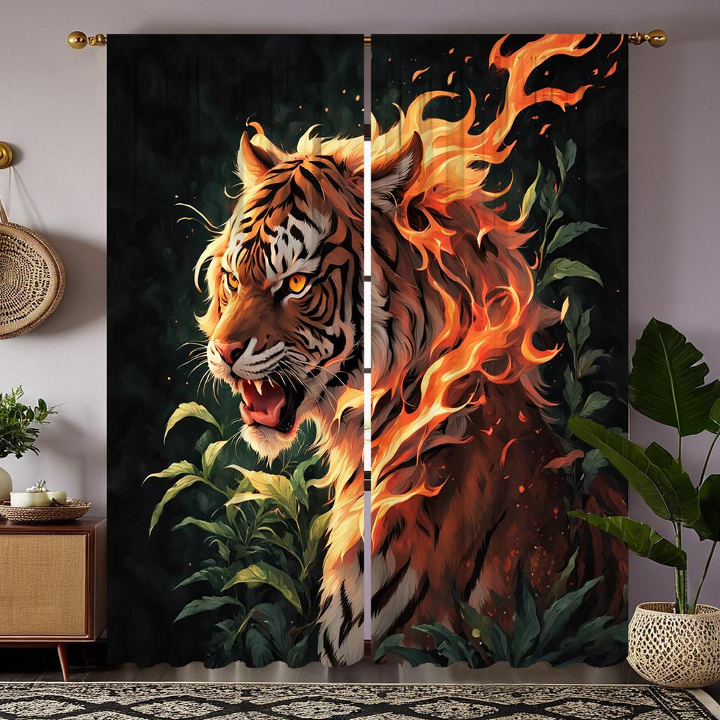2-PCS HD Digital Black Color Dominating Tiger Curtains Home Decorating Style Decoration Living Room Bedroom Through Rod Curtai