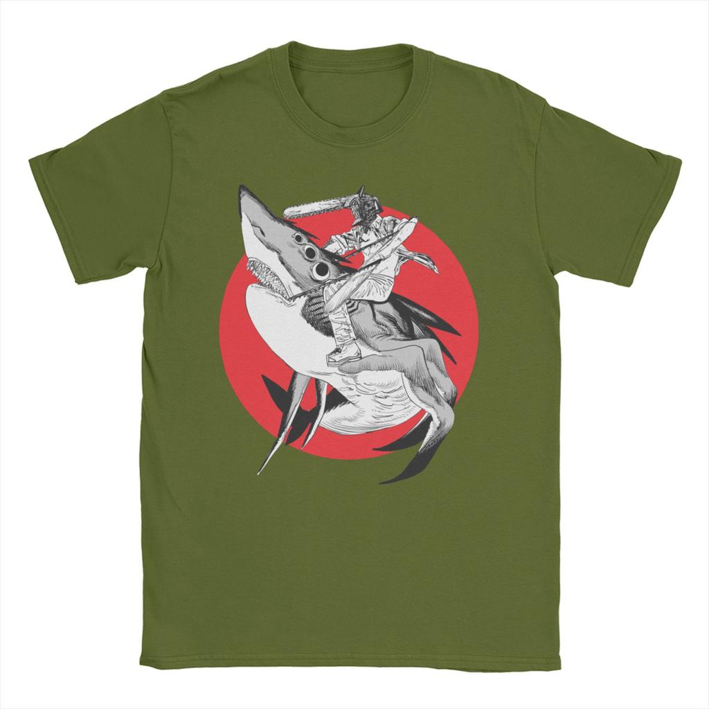 Shark and Denji T Shirts for Men Women Pure Cotton Awesome T-Shirt O Neck Chainsaw Man Manga Devil Makima Anime Tee Shirt  6XL