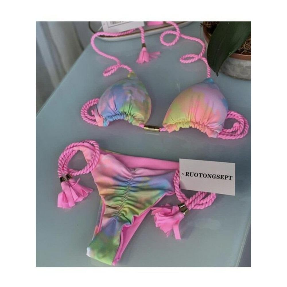 Европейский и американский купальник сексуальный треугольный мешок женский раздельный однотонный сексуальный многоцветный плетеный веревочный бикини