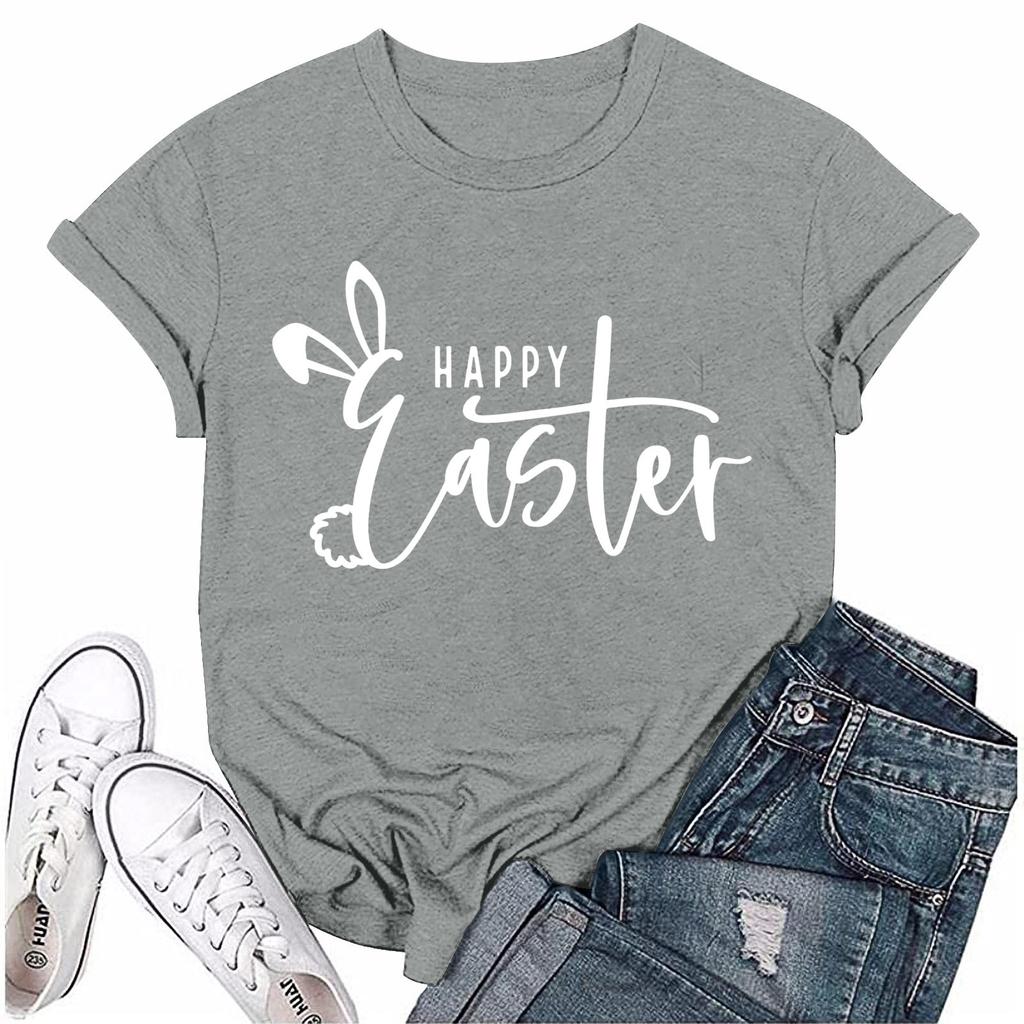 Женская модная пасхальная принтованная повседневная плиссированная круглая футболка с коротким рукавом