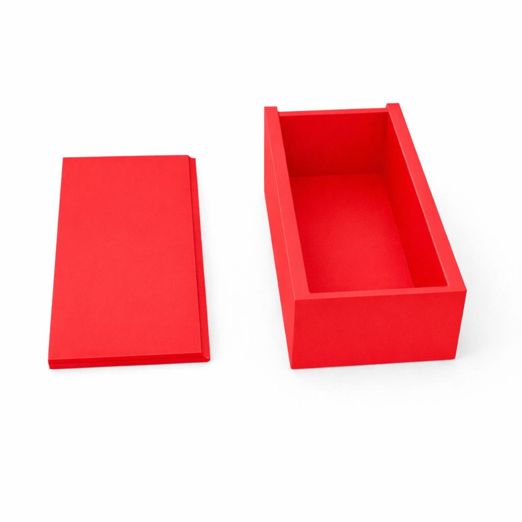Red organizer box with a sliding lid for small items