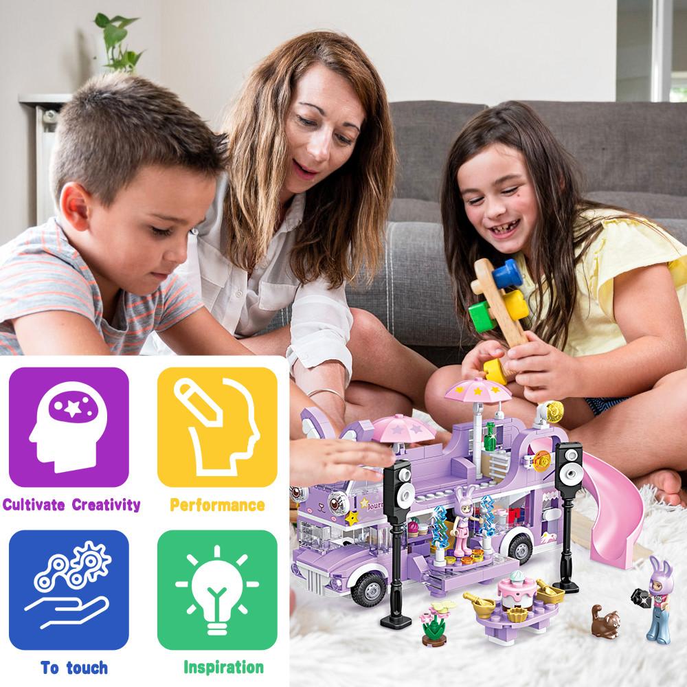 486PCS Girl Friends Double-Storey Star Rabit Bus Building Blocks Toys STEM Bricks Toys Friends Figures Flower Christmas Day Purple Color Toys Girls