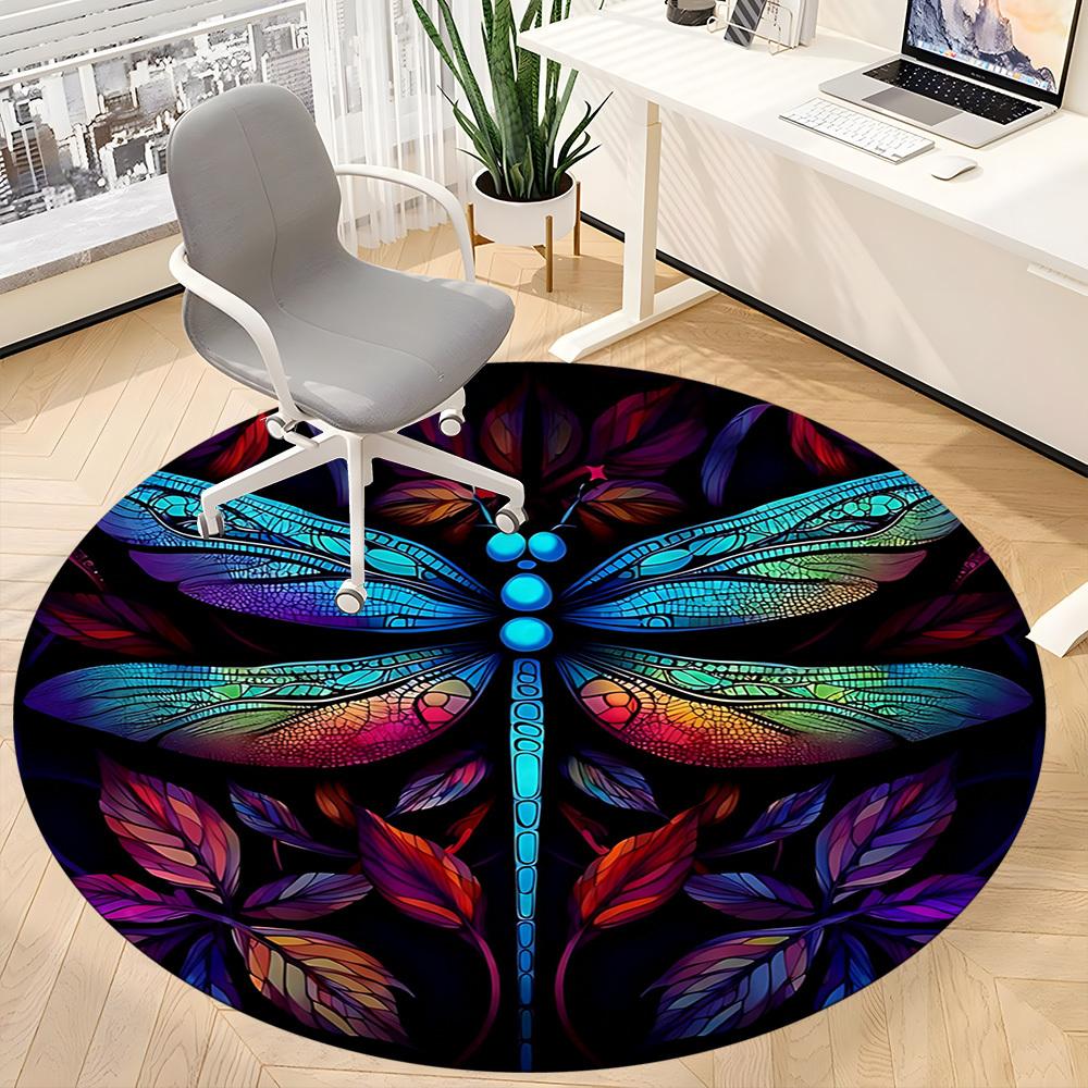 1PC Dragonfly StainedGlass Office Round Area Rug,  Mat Suitable ForOffice, Under Office Chairs Bedroom Living Room Home Decor, Room Deco