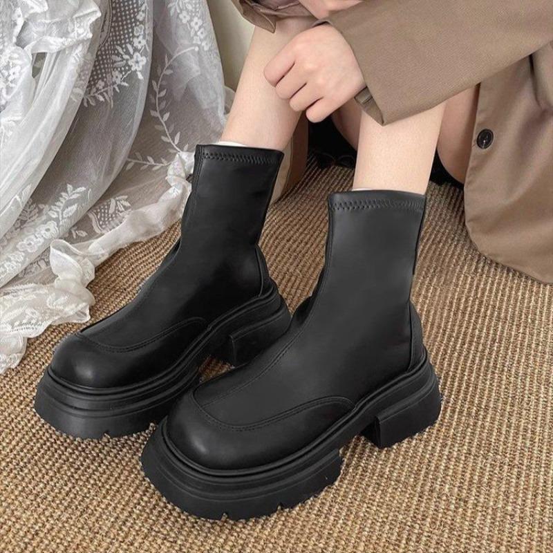 Fleece Round Head Martin Boots Women's Autumn and Winter, New Thin Thick Heel Cigarette Single Boots Cut West Medium Cotton Boots