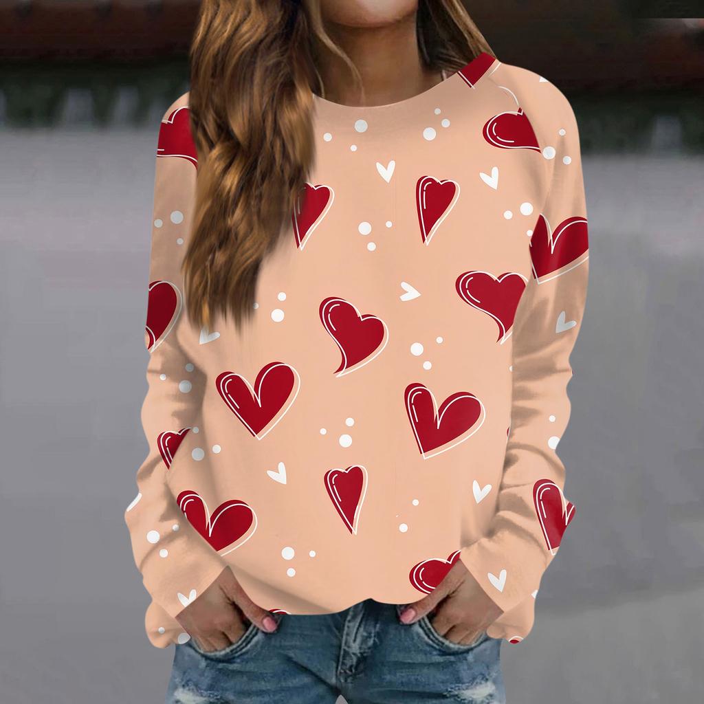 Женская модная повседневная толстовка с длинным рукавом и принтом на День святого Валентина и круглым вырезом
