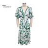 Женское летнее платье макси с V-образным вырезом, повседневные длинные платья в стиле бохо с цветочным принтом, короткие пышные рукава, струящиеся пляжные платья для гостей на свадьбу