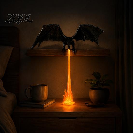Ambient Reading Corner Lighting Dragon Bookshelf Nook Light with LED Flame Effect, Fantasy Shelf Decor, Mythical Creature Statue Flying Display