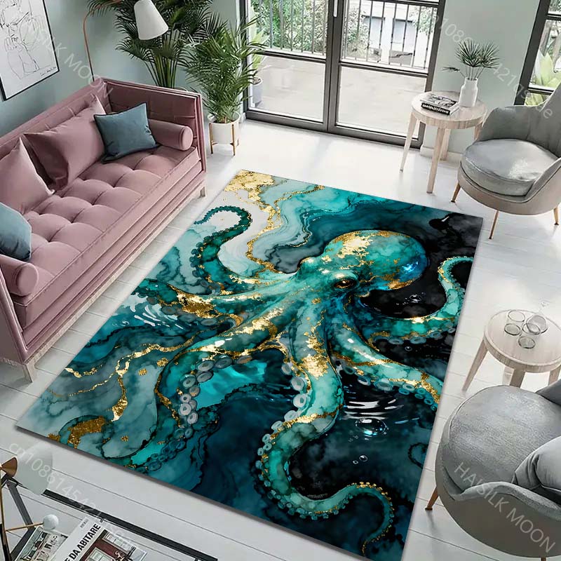 Multiple sizes Blue octopus with gold textures Carpet for Living Room Bedroom Sofa Home Decor Rug Non-slip Floor Mat Luxury Gift