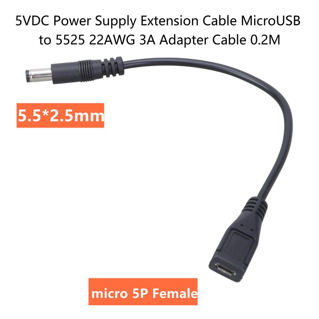 5-контактный female Micro USB 5V DC 5.5x2.5mm male Адаптер Разъем Кабель 22AWG Медная проволока 20 см / 7.87 дюйма Поддержка 5.5x2.1 мм