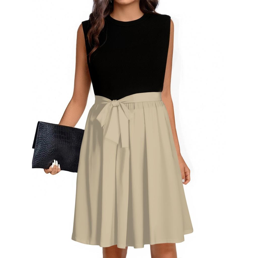 Women's Fashion Casual Lace-up Sleeveless Round Neck Splicing Short Dress