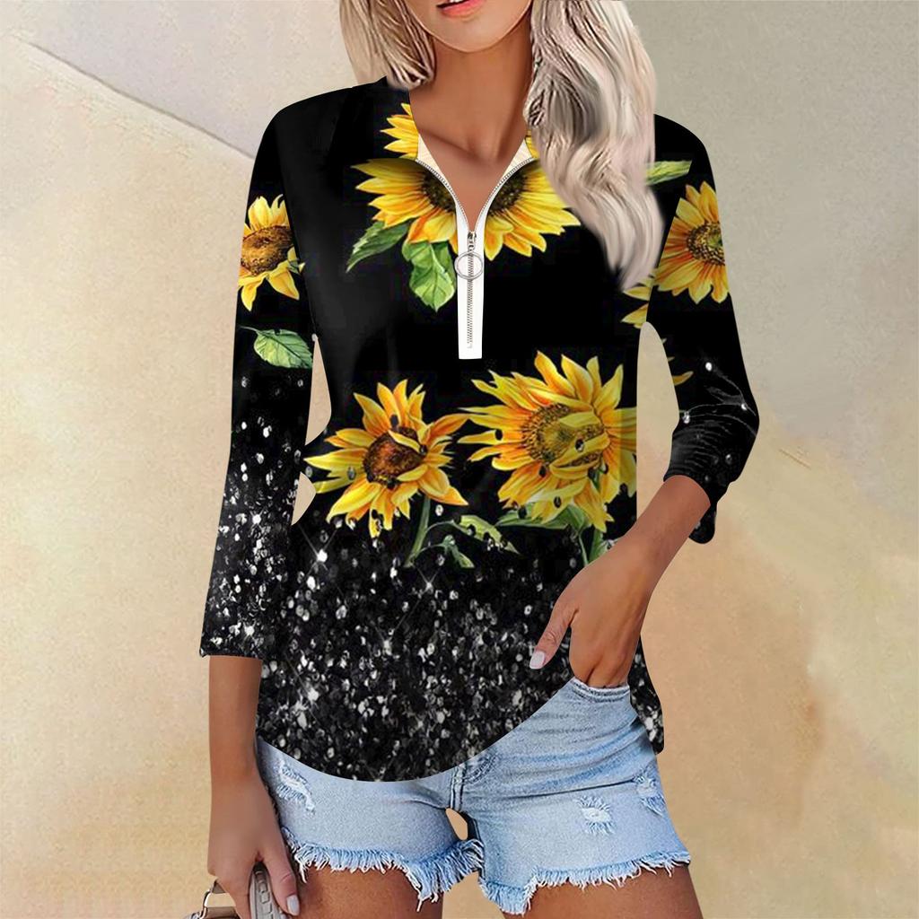 Женская повседневная футболка с v-образным вырезом и семью рукавами, пуловер с половиной молнии и принтом подсолнечника