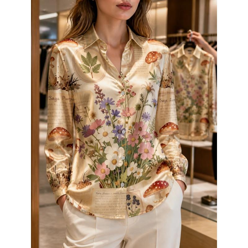 Champagne Wildflower Satin Blouse for Women Long Sleeve Button Down Shirt Boutique Shopping Garden Cafe Elegant Casual Top