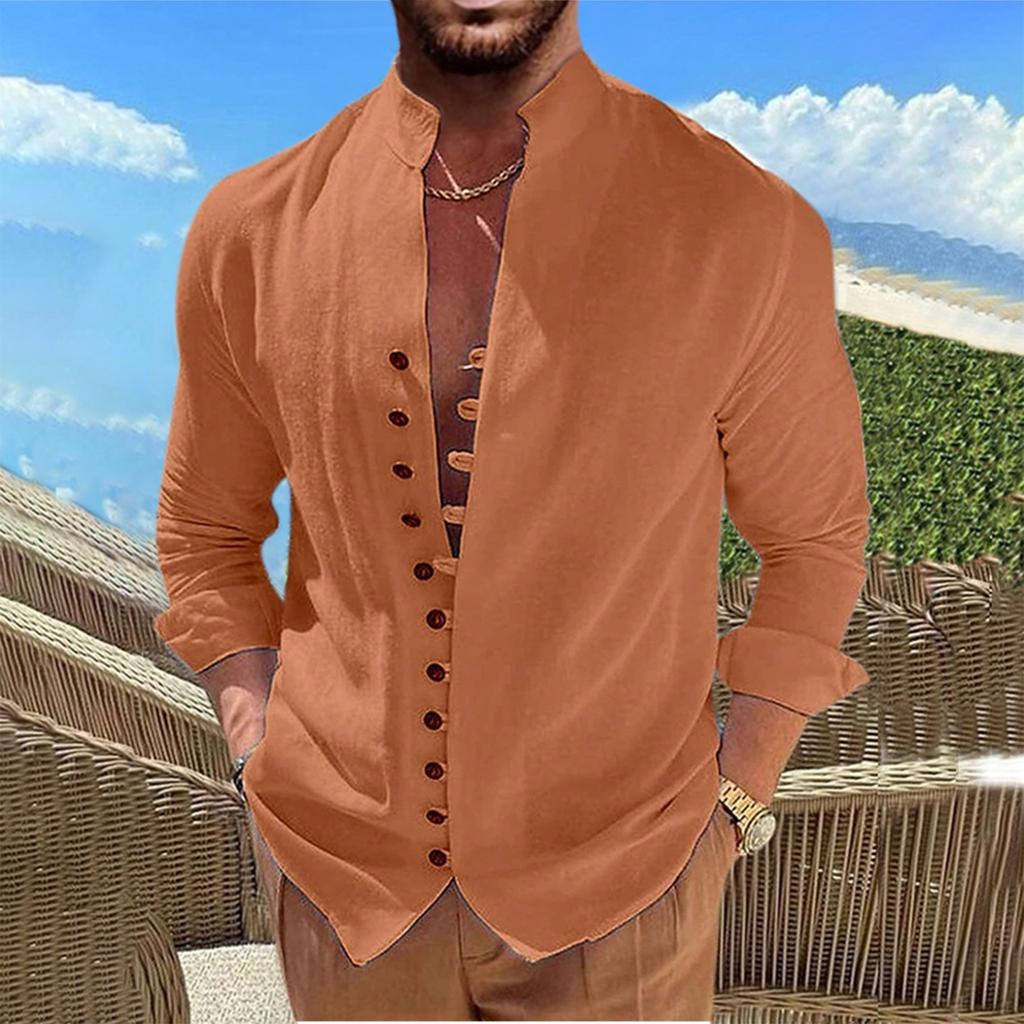 Новая мужская повседневная свободная рубашка из хлопка и льна в стиле ретро с длинными рукавами