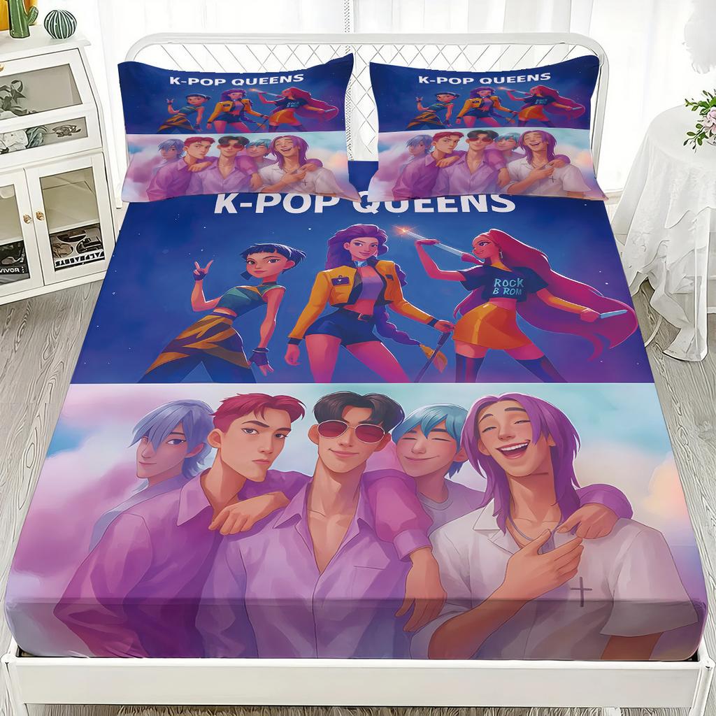 Saja Boys Team Fitted Sheet DemonHunters Print Coreless Fitted Sheet Set Multi Size Soft Bedspread Bedroom Bedding Decoration