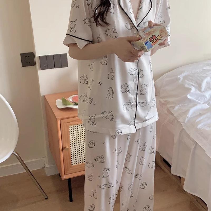 Ladies Simple Cartoon Pajamas Loungewear Set Spring Summer Ice Silk Short Sleeve Pants Casual Pajamas Loungewear Ladies