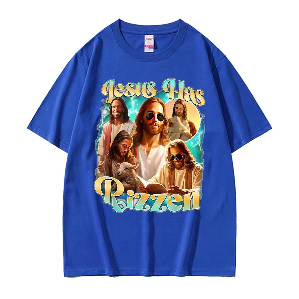 Jesus Has Rizzen He Ls Rizzin Funny Christian Religious Tee Shirt Men Women Summer Tshirt Vintage Oversized T Shirt Streetwear
