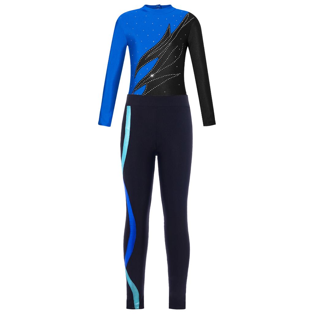 Kids Girls 2Pcs Skating Clothing Long Sleeve Mock Neck Leotard with Leggings Set for Dance Training Wear