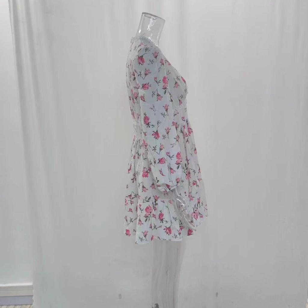 Весенне-летнее женское платье Темпераментное сладкое кружевное короткое платье с v-образным вырезом и принтом