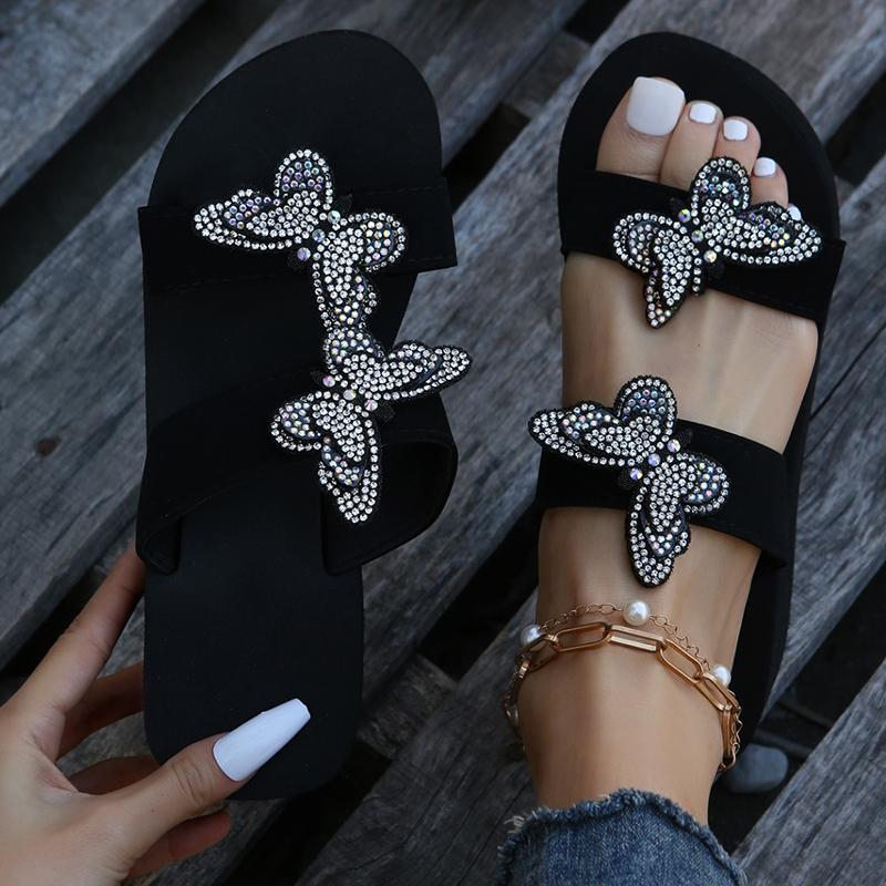 Lucyever Crystal Butterfly Клинья каблук Тапочки женские 2024 Большие размеры Толстая подошва сандалии женские Нескользящие шлепанцы на платформе Mujer