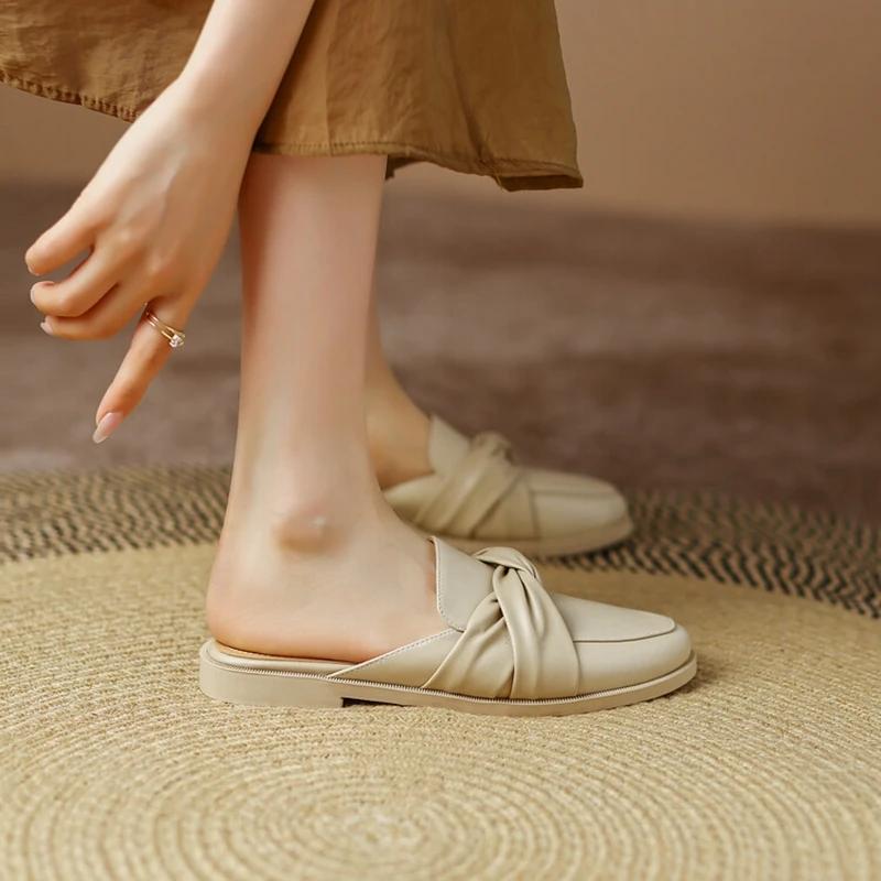 Fashion NEW Summer Women Mules Split Leather Shoes for Women Round Toe Low Heel Shoes Cover Toe Slingback Women Sandals Knot Slippers