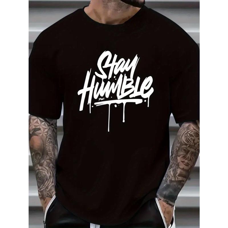 Европейский размер Мужская футболка с принтом "Stay Humble" - Повседневная и стильная, дышащая, с буквенным принтом