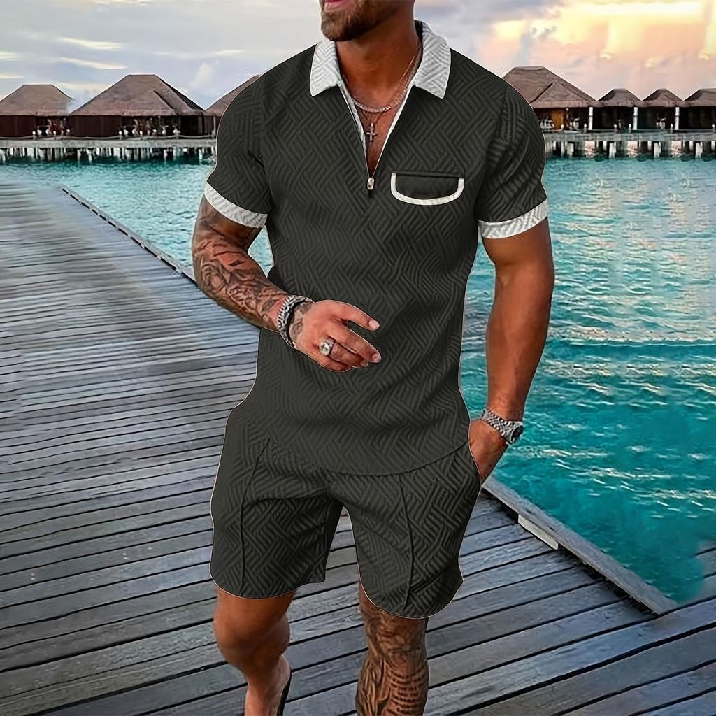 Мужской летний однотонный комплект из рубашки с коротким рукавом, карманом на молнии и лацканами, шортами