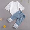 Baby Girls Summer Clothes Set Lace Hollow Out Long Sleeve Romper + Ripped Patchwork Jeans Infant Cute 2Pcs Outfits