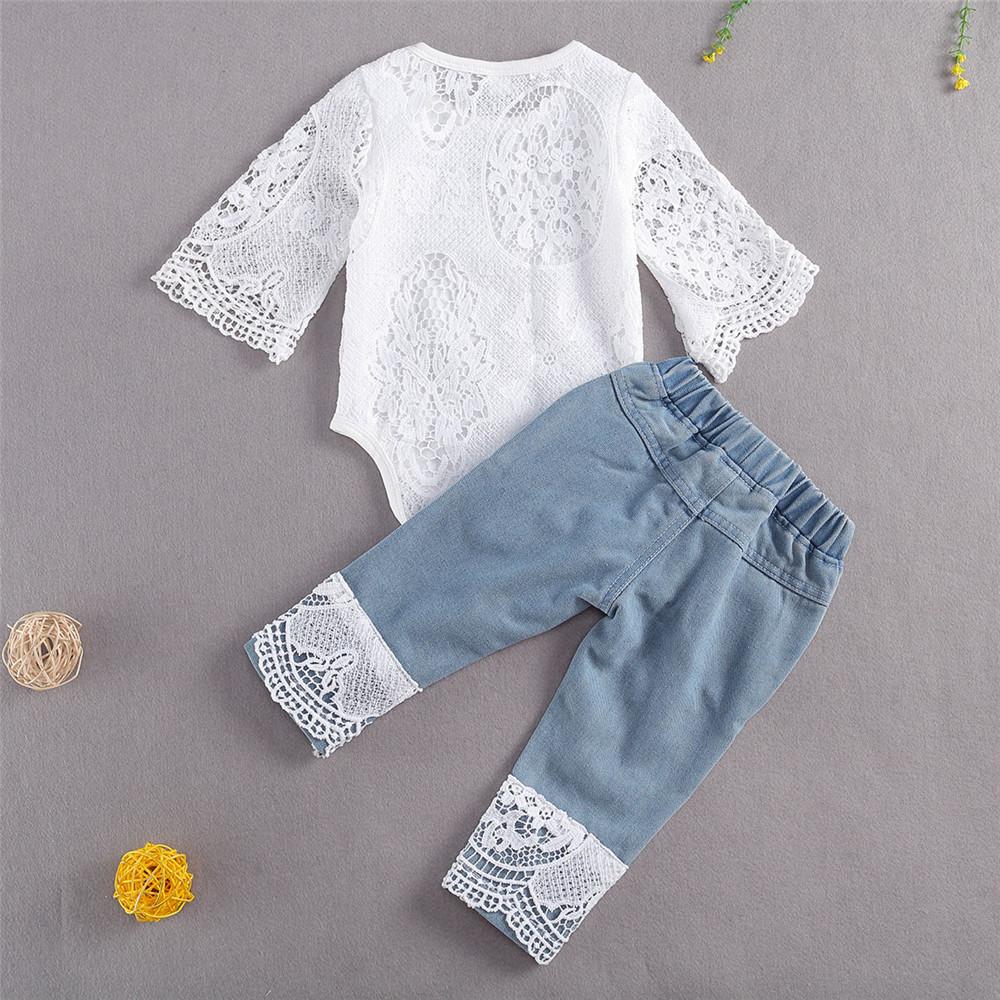Baby Girls Summer Clothes Set Lace Hollow Out Long Sleeve Romper + Ripped Patchwork Jeans Infant Cute 2Pcs Outfits