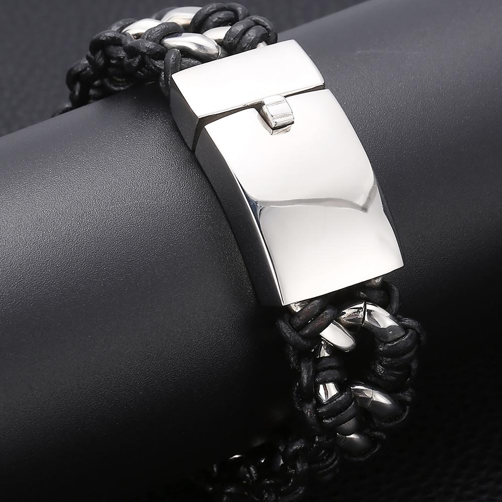 Цепочка из полированной нержавеющей стали с панцирными звеньями, мужской плетеный кожаный браслет, комбинация для подарков на день рождения, памятные подарки с гравировкой