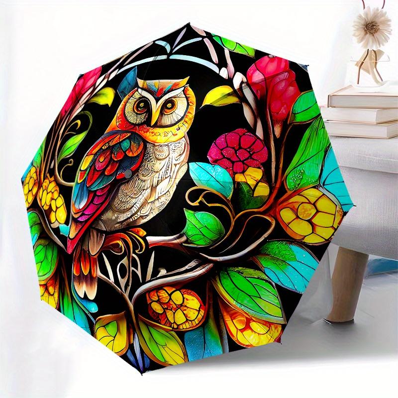 Owl, Stained Glass Automatic folding umbrella  simple eight rib design, bright color pattern, durable iron frame, ideal for travel and outdo