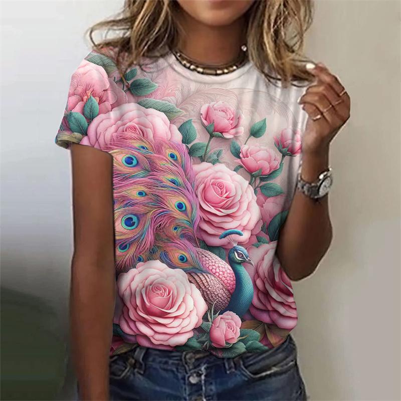 Красивая футболка с узором павлина для женщин, цветочные футболки с 3D-принтом, модные свободные футболки с короткими рукавами и круглым вырезом