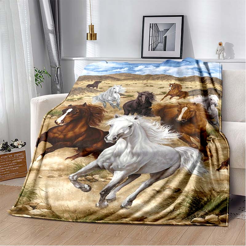 Black Horse with Golden Pattern Art Flannel Throw Blanket, Fantasy Horse Portrait Soft Blanket for Sofa Bed Home Decor