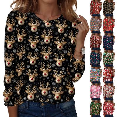 Женский рождественский топ с принтом, круглым вырезом, свободного кроя, с длинными рукавами