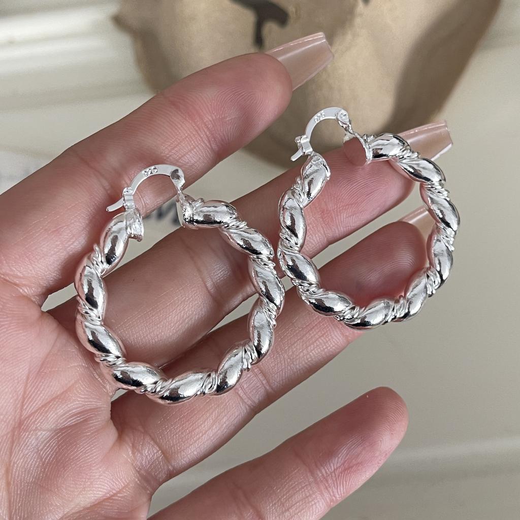 925 Sterling Silver Earrings For Women Trendy Geometric Big Round Twist Earring Jewelry Prevent Allergy Party Gift Accessories
