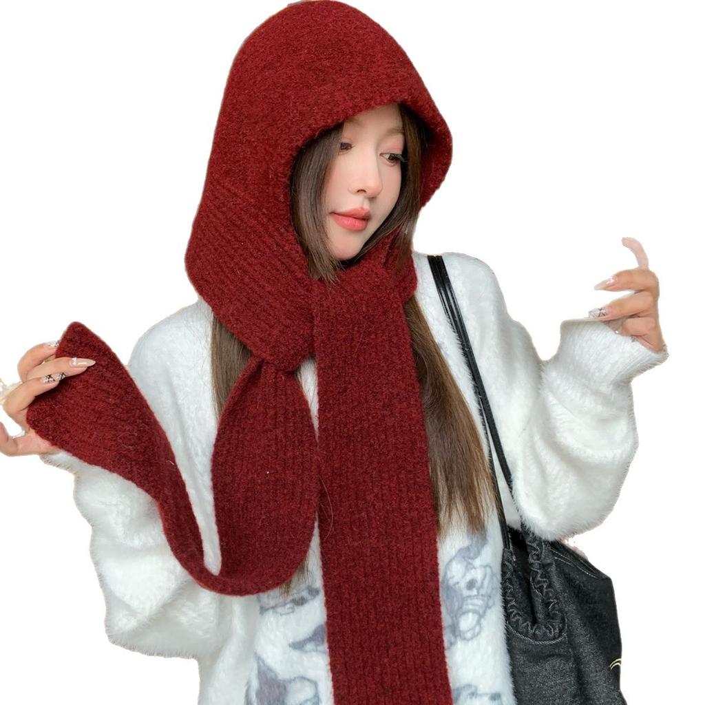 Gray Thickened Hat Scarf All In One Warm Knitted Hat Women's Autumn and Winter Ear Protection Balaclava Woolen Hat