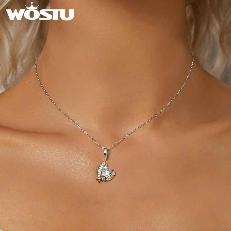 WOSTU 925 Sterling Silver Mother's Day Gold Charm Heart Wing Pendant Cross Tree Stopper Beads Fit Original Bracelet Guard Gift