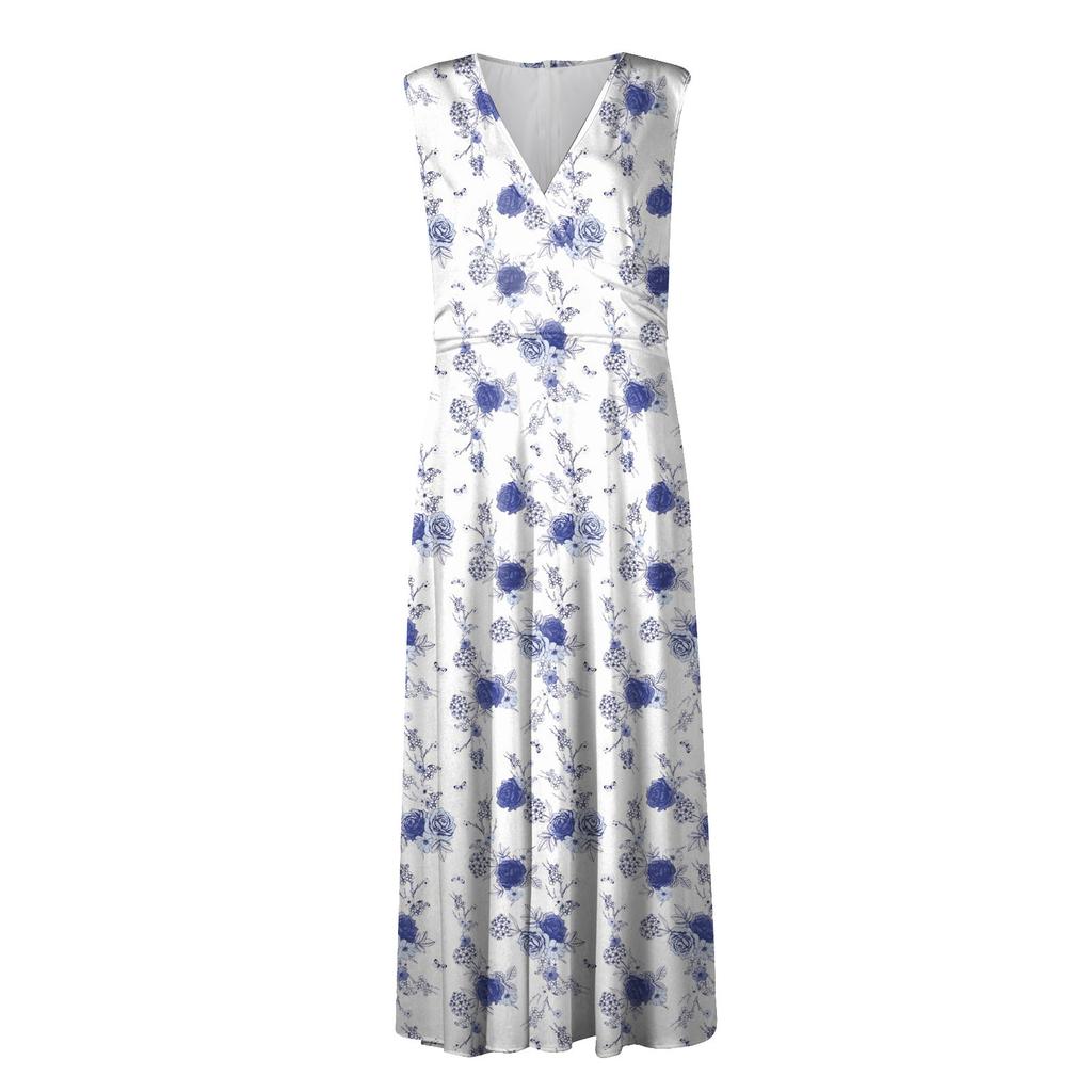 Женское длинное платье Платье макси Повседневное платье Летнее повседневное платье без рукавов с v-образным вырезом в стиле бохо с талией и принтом