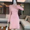 Осенне-зимнее облегающее трикотажное женское платье с длинным рукавом, А-силуэт, оборки, свитер, платья для женщин, повседневное, с высокой талией, элегантное, короткое платье 25958