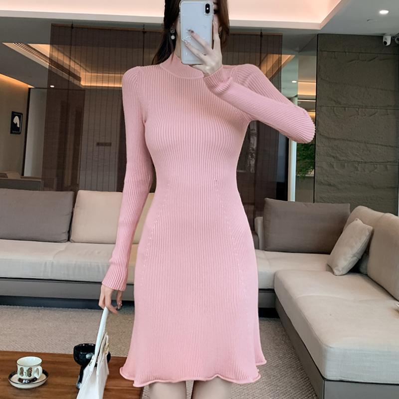 Осенне-зимнее облегающее трикотажное женское платье с длинным рукавом, А-силуэт, оборки, свитер, платья для женщин, повседневное, с высокой талией, элегантное, короткое платье 25958