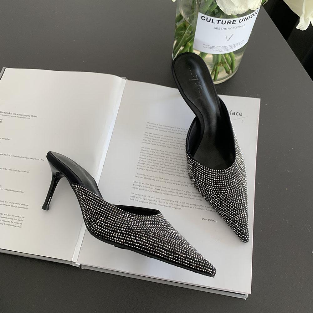 Модные женские босоножки со стразами, тонкие высокие каблуки, черные, зеленые, фиолетовые, бежевые, летние уличные туфли-мюли, туфли-лодочки на шпильках для вечеринок, размеры 35-39