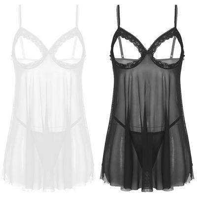 Женская ночная рубашка больших размеров с прозрачной сеткой и кружевной отделкой, с открытыми чашечками и стрингами