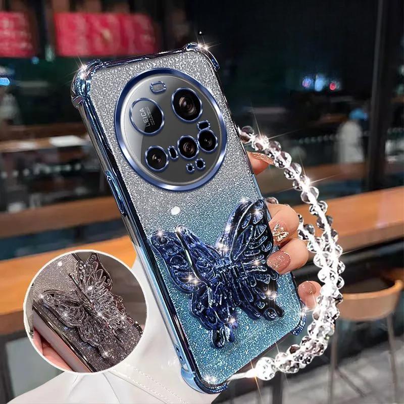 Противоударный чехол с блестящим покрытием для Xiaomi 15 Ultra 14 14T 13 12 11 Pro Lite 3D подставка-бабочка для телефона, браслет из бусин, задняя крышка
