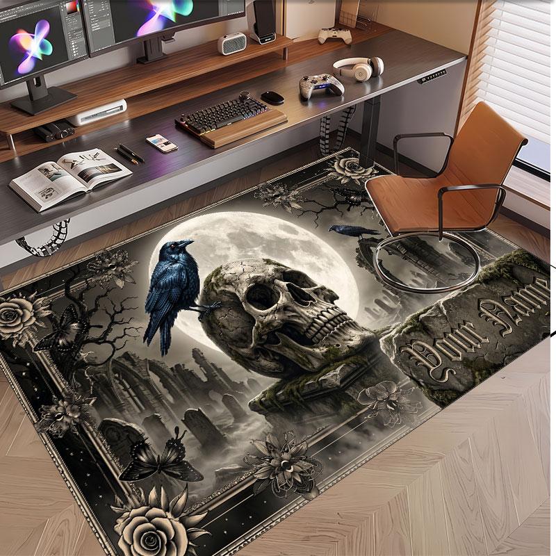 Skull Gothic Theme Soft Crystal Velvet Rug Custom Name & Text Print Non Slip Floor Rug for Bedroom Living Room