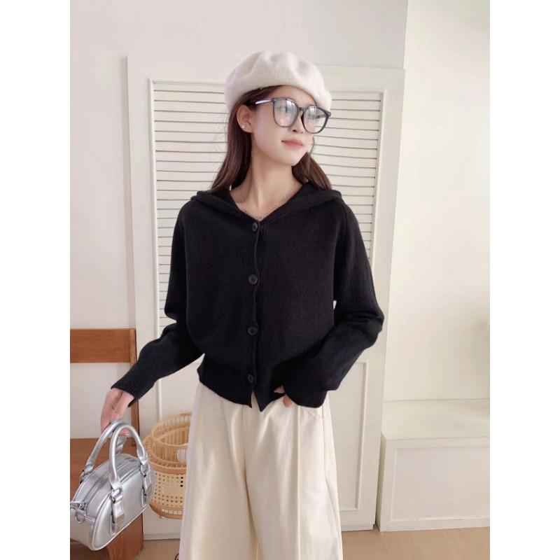 Вязаный кардиган с капюшоном, маленький, новый, осенне-зимний, однотонный, простой, модный, повседневный, универсальный, свитер-жакет, топ женский